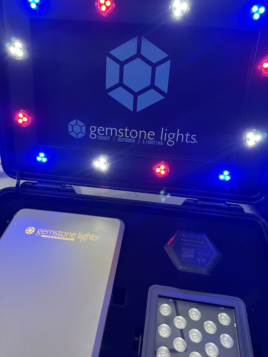 The Gemstone Lights demo case lit up red, white, and blue, showing the color-changing app in action
